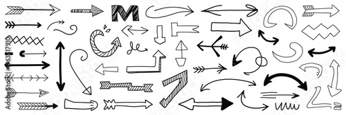 Set hand drawn doodle arrows collection different shapes and styles isolated on transparent background vector illustration.
