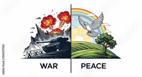 Juxtaposed scenes of conflict with explosions and a tank versus a dove flying over a rainbow
