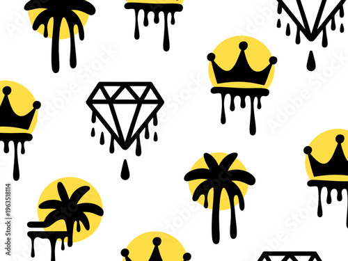 Black dripping crown diamond palm tree yellow circles white background pattern