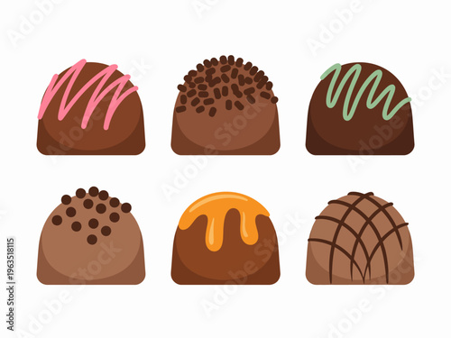 Assorted chocolate truffles with decorative toppings and drizzles white background