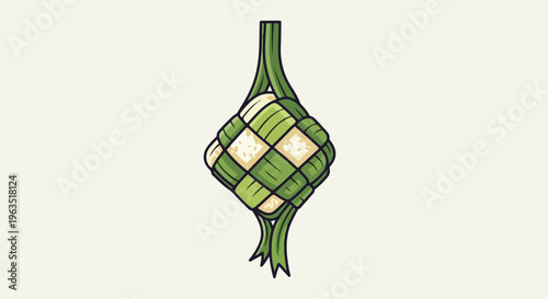 Hand-drawn diamond-shaped woven rice cake with green and white hues