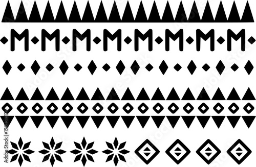 Black Geometric Tribal Patterns and Symbols White Background