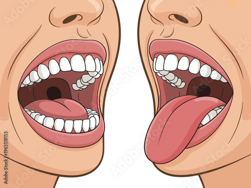Close up of open mouths with pink tongues and white teeth white background lips