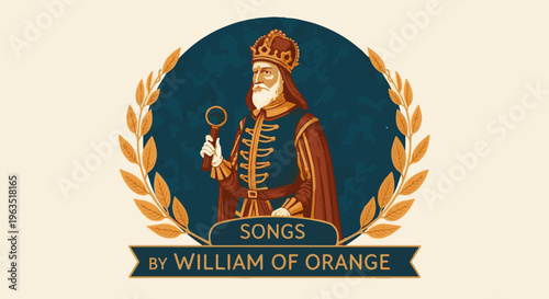 King holding magnifying glass in laurel wreath, regal portrait