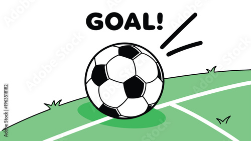 A cartoon soccer ball celebrating a goal on a green field with an excited expression.