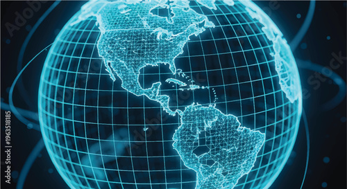 Digital global network globe with blue glowing grid, futuristic world map showing North and South America, high-tech communication and data vector