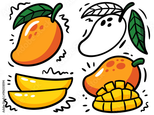 Cartoon Mango Fruit Collection With Whole Slices And Cubes And Outline tropical food