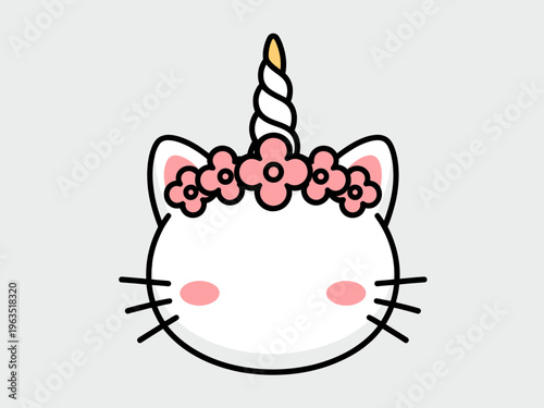 Cute white cat unicorn hybrid with pink flower crown and yellow horn animal