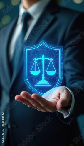 Man in suit holds glowing digital shield with scales of justice. Represents AML CFT financial security legal compliance and anti money laundering.