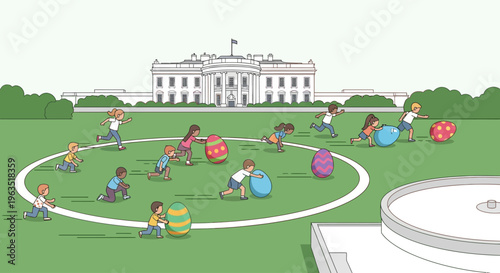 This flat design illustration captures the annual White House Easter Egg Roll, showing diverse children participating in the festive tradition on the iconic South Lawn.