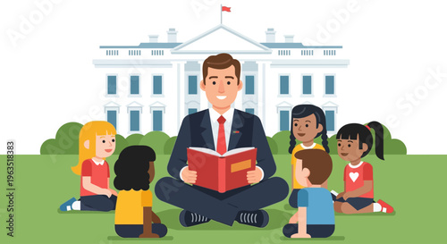 A heartwarming flat design illustration showcasing the President engaging with children by reading a story during the White House Easter Egg Roll festivities.