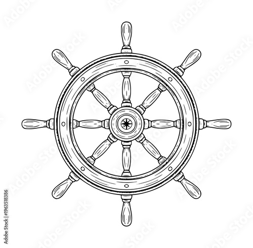 Detailed black and white of a wooden ship's steering wheel a white background nautical