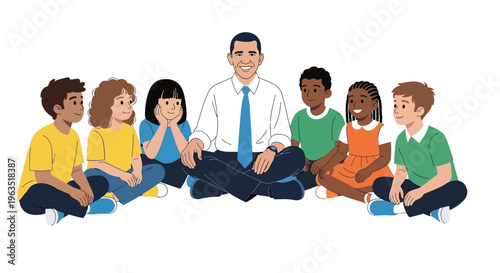 A heartwarming flat design illustration showcasing the President engaging with children by reading a story during the White House Easter Egg Roll festivities.