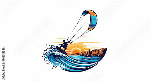 Kite surfer rides wave at sunset with cliffs