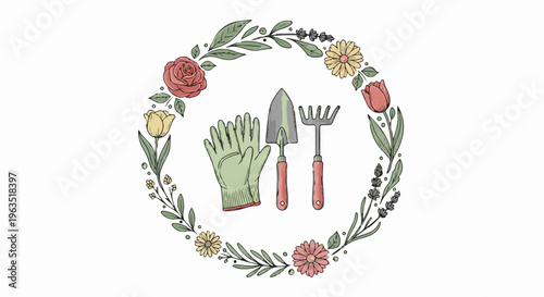 Hand-drawn floral wreath surrounds gardening tools gloves, trowel, rake