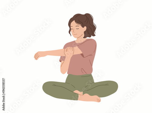 Young woman in a peaceful yoga pose, gently stretching her arm across her chest, embodying mindfulness and self-care for mental and physical well-being and relaxation