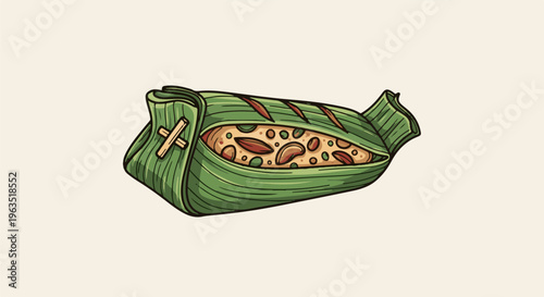 Hand-drawn illustration of food wrapped in green leaves, secured with sticks