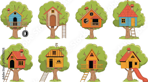 Hand drawn treehouse vector set, colorful wooden houses on trees with ladders, balconies and slide, cute kids outdoor playhouse illustration collection