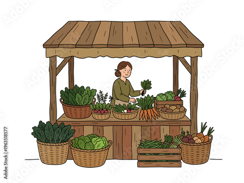 Woman selling fresh vegetables and produce at a rustic market stall, emphasizing local, healthy, and organic offerings for a vibrant community