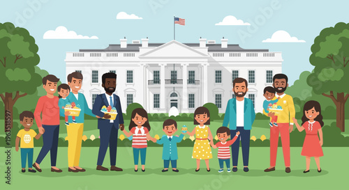 A cheerful flat design illustration depicting diverse families enjoying the festive atmosphere of the White House Easter Egg Roll, set against the iconic presidential residence.