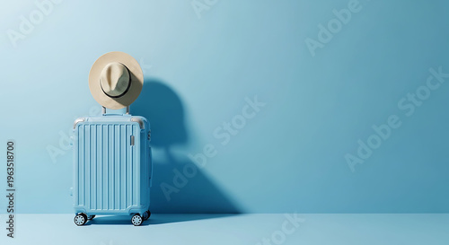 Blue suitcase with beige hat on top against light blue background