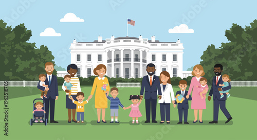 A cheerful flat design illustration depicting diverse families enjoying the festive atmosphere of the White House Easter Egg Roll, set against the iconic presidential residence.
