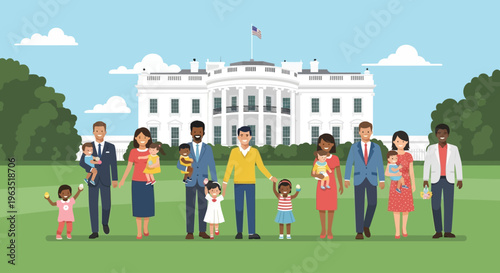 A cheerful flat design illustration depicting diverse families enjoying the festive atmosphere of the White House Easter Egg Roll, set against the iconic presidential residence.