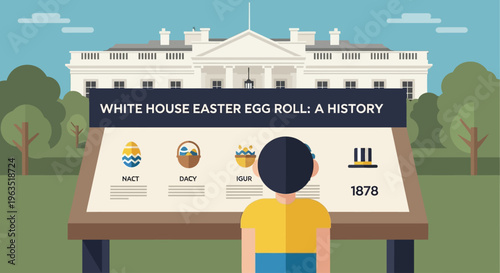 This flat design illustration portrays a child engaging with educational content about the historical significance of the White House Easter Egg Roll.