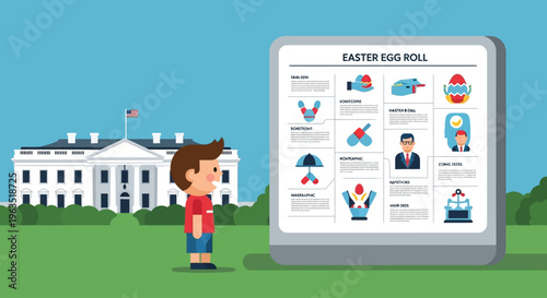 This flat design illustration portrays a child engaging with educational content about the historical significance of the White House Easter Egg Roll.
