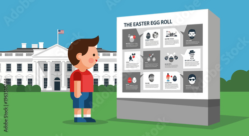 This flat design illustration portrays a child engaging with educational content about the historical significance of the White House Easter Egg Roll.