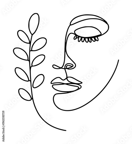 Minimalist Black Line Abstract Face with Leaf Branch White Background