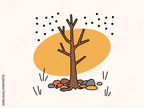 Minimalist of a bare brown tree with scattered black dots and colorful pebbles