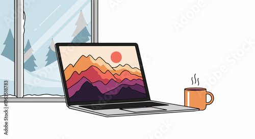Laptop with mountain wallpaper by a snowy window with a steaming mug