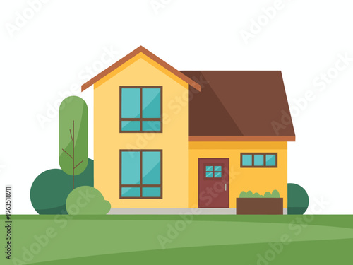 Yellow story house with brown roof and green lawn and trees flat home building