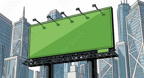 Large green billboard over a cityscape of modern skyscrapers