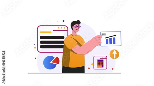 Flat design animation of man presenting data analytics and growth charts