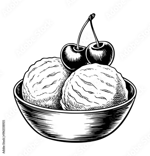 Vintage Style Ice Cream Bowl with Cherries Hand Drawn cherry dessert