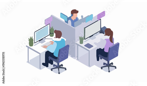 Customer Support Call Center Isometric Operators with Headsets Vector Art