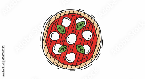 Hand-drawn pizza with mozzarella balls, tomato sauce, and basil leaves