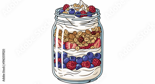 Layered yogurt parfait with granola and berries in a mason jar