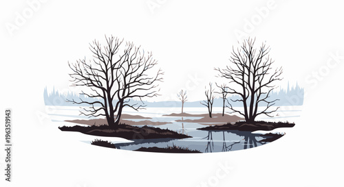 Leafless trees stand stark against a reflective, icy landscape