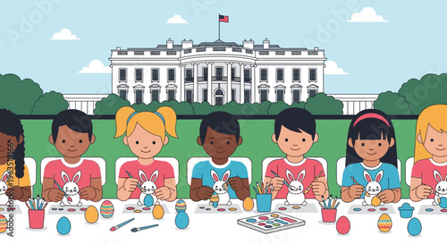 This flat design illustration shows children happily participating in an Easter-themed craft activity, like egg decorating, at the White House Easter Egg Roll.