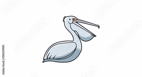 Light gray pelican with large beak and open pouch