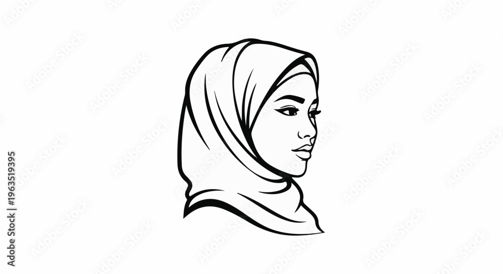 Naklejka premium Line art of a woman wearing a hijab, looking to the right