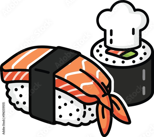 Cartoon sushi nigiri and maki roll with chef hat icon on white background with japanese food