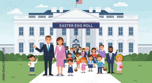 A dignified flat design illustration showing the President and First Lady warmly greeting guests at the White House for the annual Easter Egg Roll event.
