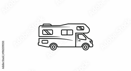 Line art of a recreational vehicle with windows and wheels
