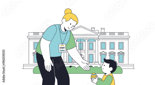 This flat design illustration depicts a kind volunteer assisting a child at the White House Easter Egg Roll, highlighting the community spirit of the event.