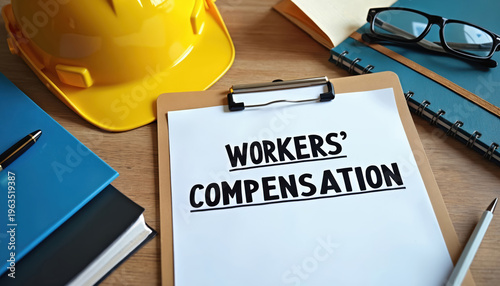 Clipboard shows workers compensation policy document. Yellow hard hat safety equipment and glasses on desk. Paperwork and pen are ready for review. Legal compliance for work.