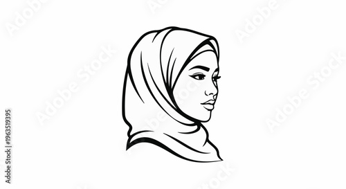 Line art of a woman wearing a hijab, looking to the right